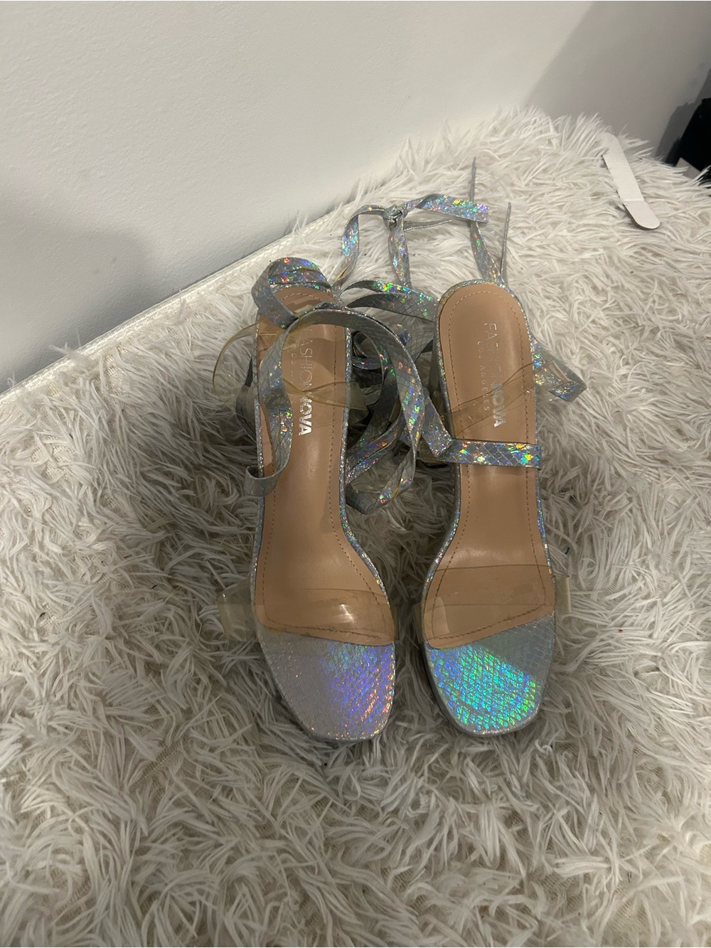 Fashion Nova Holographic Strappy Block Heel Sandals - Silver